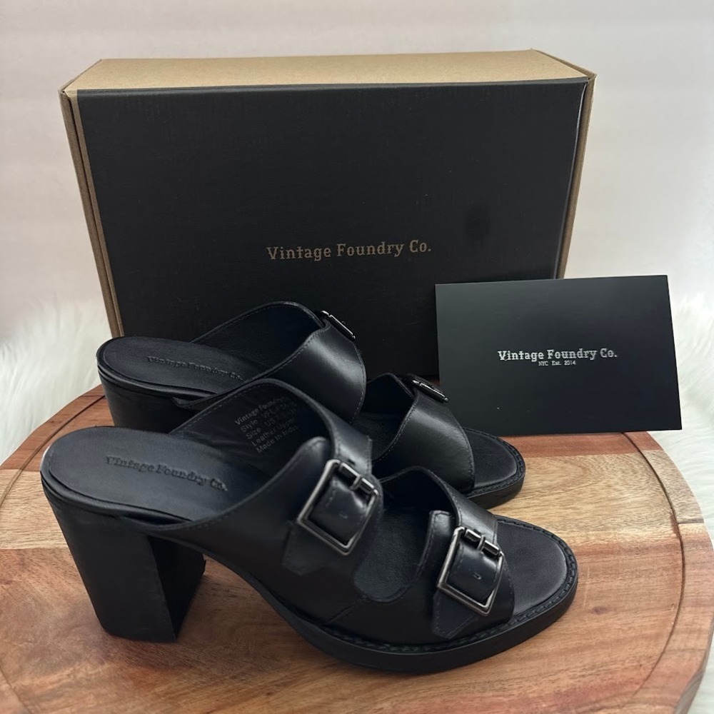 Vintage Foundry Co Lidia Black Leather Double Buckle Block Heel Mules Womens 7.5